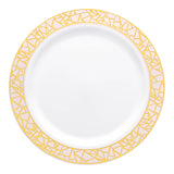 White round plastic appetizer plate with a pink and gold mosaic rim design