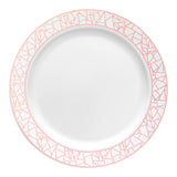 White round plastic appetizer plate with a silver and rose gold mosaic rim design
