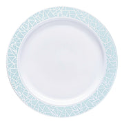 White round plastic dinner plate with a turquoise blue and silver mosaic rim