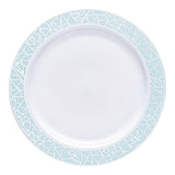 White round plastic dinner plate with a turquoise blue and silver mosaic rim