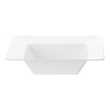 White square plastic soup bowls, 12 oz capacity, sturdy and disposable