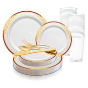 White with Burgundy and Gold Harmony Rim Plastic Wedding Value Set with gold cutlery brings elegance to events