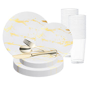 White with Gold Marble Stroke Round Disposable Plastic Wedding Value Set, featuring a refined marble stroke pattern with gold detailing, ideal for adding elegance and luxury to any special occasion