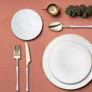White with Gold Organic plates styled with ivory florals and gold flatware.