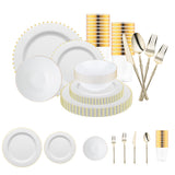 White with Gold Pearl String Plastic Tableware Set elegantly displayed for a luxurious wedding presentation.