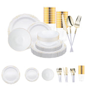 White with Gold Vintage Disposable Plastic Tableware Set adds regal charm and classic flair to weddings and formal occasions