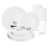 White with Silver Antique Floral Round Disposable Plastic Wedding Value Set with silver cutlery, featuring a delicate floral design with a silver rim, adding vintage elegance to your celebration