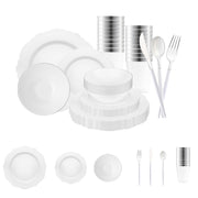 White with Silver Blossom Rim Disposable Plastic Tableware Set with silver cutlery adds graceful charm to weddings and elegant events