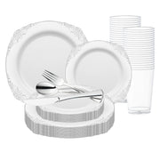 White with Silver Fancy Round Disposable Plastic Wedding Set brings timeless charm to elegant receptions and events