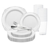 White with Silver Fancy Round Disposable Plastic Wedding Set brings timeless charm to elegant receptions and events