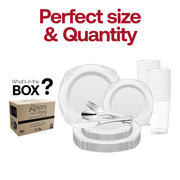 White with Silver Fancy Round Set includes 10.25" dinner, 7.5" appetizer plates, 4.5" cups, 8" knives, 6.25" spoons, 7.25" forks