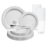 White with Silver Hammered Rim Round Plastic Wedding Value Set featuring a sophisticated design with elegant silver cutlery—perfect for upscale celebrations and weddings