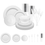 White with Silver Pearl String Round Disposable Tableware Set, perfect for elegant events and formal gatherings