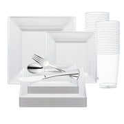 White with Silver Square Edge Rim Plastic Wedding Value Set with silver cutlery, combining sleek modern edges and classic silver tones for a stylish and elegant dining presentation