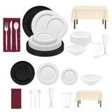 White with silver dinnerware paired with burgundy napkins for a refined wedding reception look.