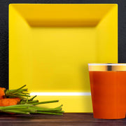Yellow Square Plastic Tableware brightened a summer picnic table with vibrant energy and fun disposable style.