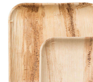 Close-up view of two square, eco-friendly palm leaf plates with natural wood grain patterns. The plates have slightly rounded corners and feature various shades of beige and brown, highlighting the organic texture and sustainable material.