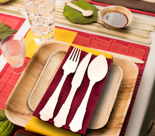 A table setting featuring eco-friendly wooden cutlery placed on a red napkin atop a wooden plate. Surrounding items include a glass of water, a small bowl with soy sauce, another small cup, and a placemat with multicolored stripes and green leaf decorations.