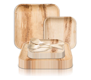 A set of eco-friendly, square-shaped bamboo plates and utensils, including a fork, spoon, and knife. The plates are arranged in a staggered stack, showcasing different sizes with visible natural wood grain patterns, and the utensils rest on top of the smallest plate.
