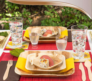 A dining table for two is set with eco-friendly tableware, including bamboo plates, wooden cutlery, and glass tumblers filled with water. Each setting has sushi rolls, placemats in red and yellow, and vibrant leafy table decorations. The background is leafy green foliage.