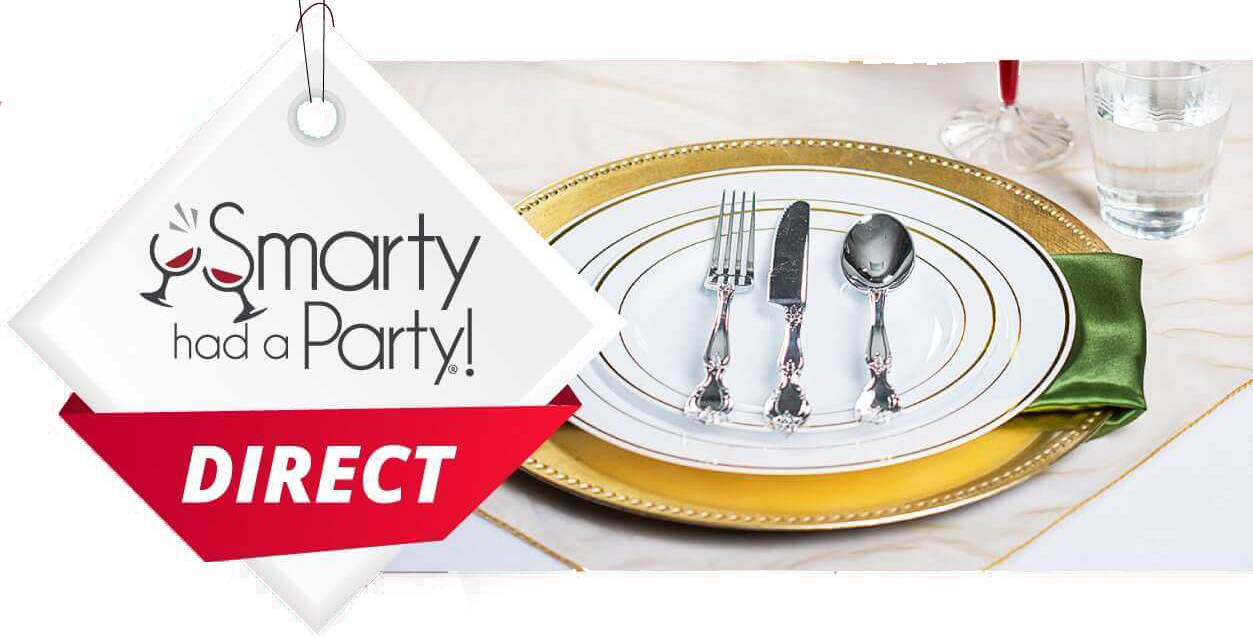 A formal dining setting includes a gold and white plate with cutlery arranged on a matching plate. A green napkin is placed to the right. The text "Smarty had a Party! DIRECT" is displayed on a white, diamond-shaped ornament in the upper left.