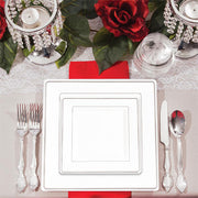 9.5" White with Silver Square Edge Rim Disposable Plastic Dinner Plates Wedding Set | Smarty Had A Party