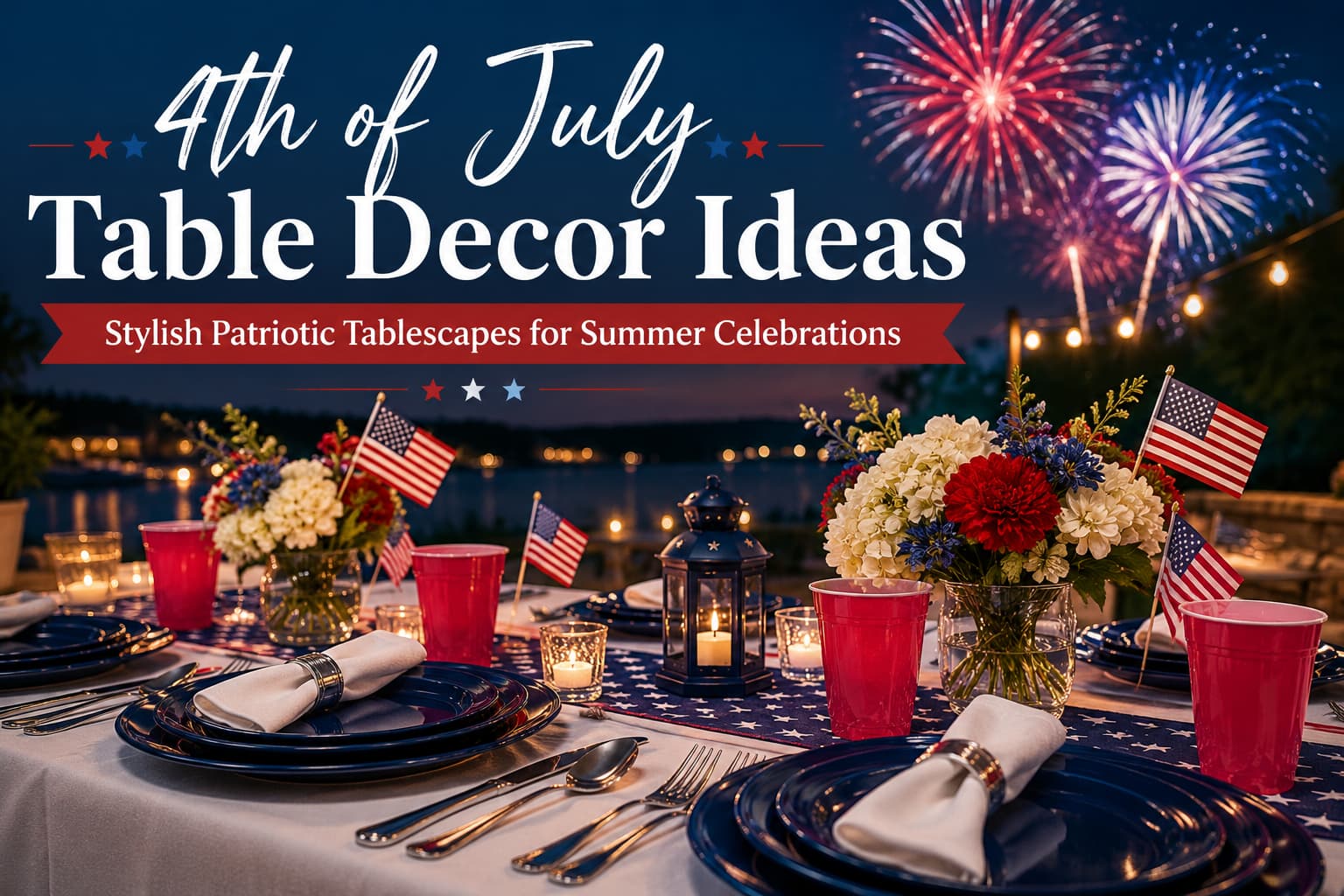 Elegant 4th of July table decor with navy plates, red cups, white napkins, and patriotic outdoor tablescape