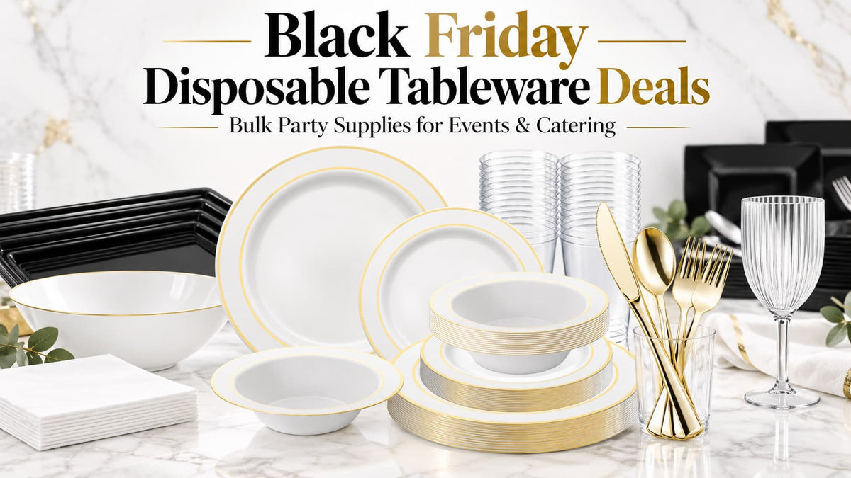 Black Friday disposable tableware deals featuring black, white, and gold plates, bowls, cups, and flatware for events and catering.
