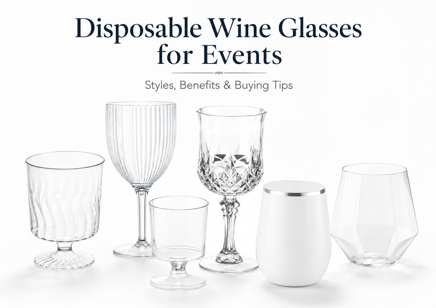 Disposable wine glasses for events in stemmed, stemless, mini, clear, and decorative styles on a white background.