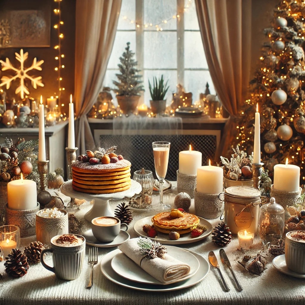 A festive winter brunch ideas featuring candles and decorations, ideal for celebrating gatherings.