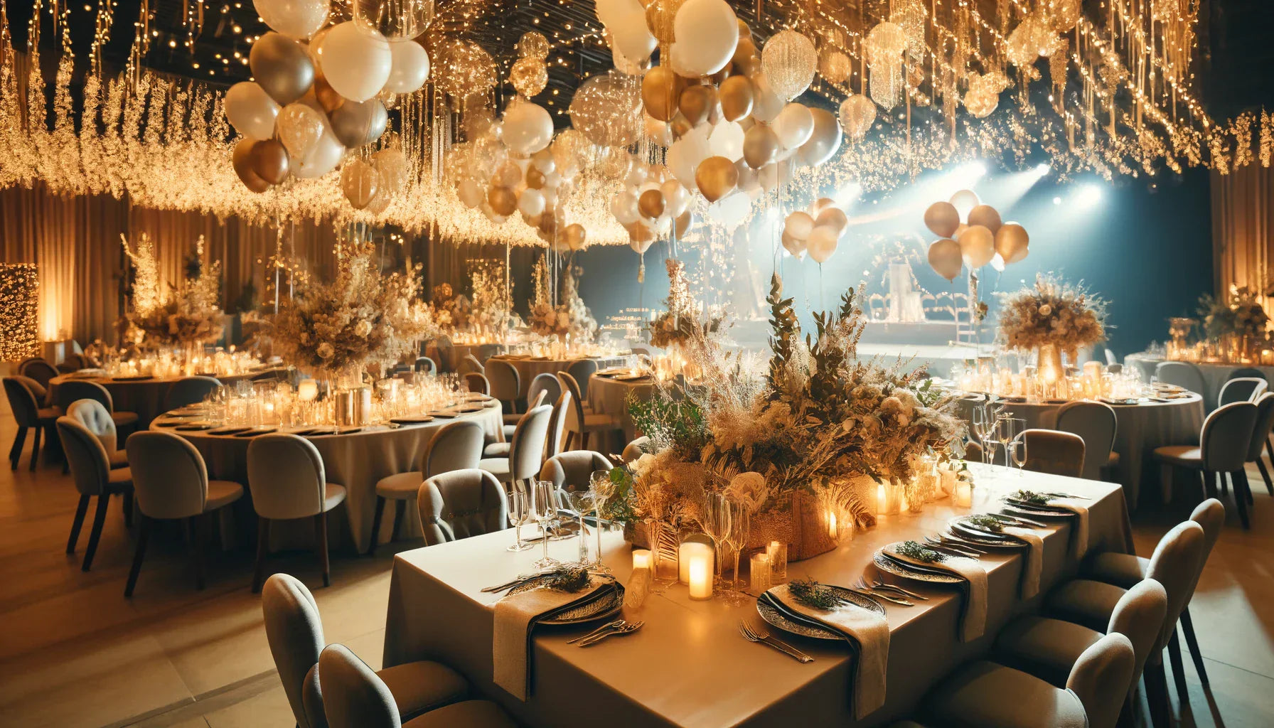 An elegant reception adorned with gold balloons and tablescapes, suitable for company end of year party ideas.