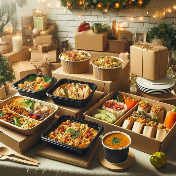 A table filled with Boxing Day leftovers, featuring an array of food in cardboard boxes ready to be enjoyed.
