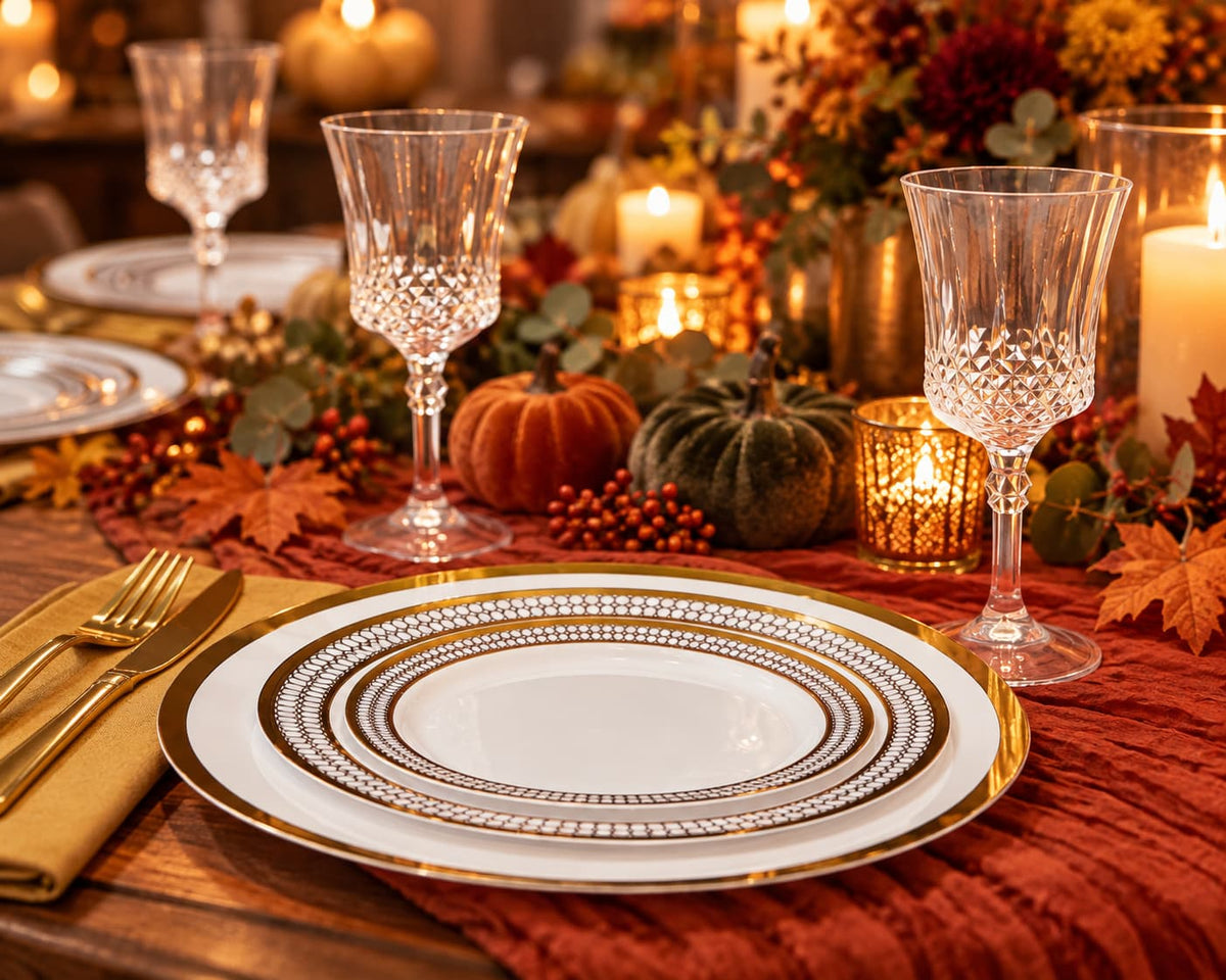 Elegant fall table setting with white and gold disposable plates, crystal-style drinkware, gold flatware, pumpkins, candles, and autumn floral decor.