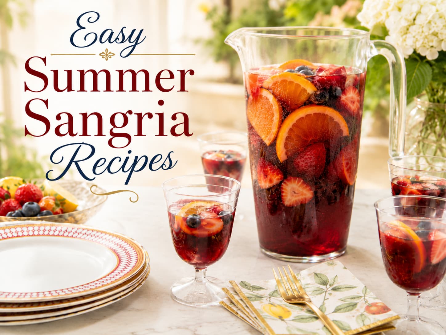 Easy summer sangria recipes served with plastic wine glasses for a party