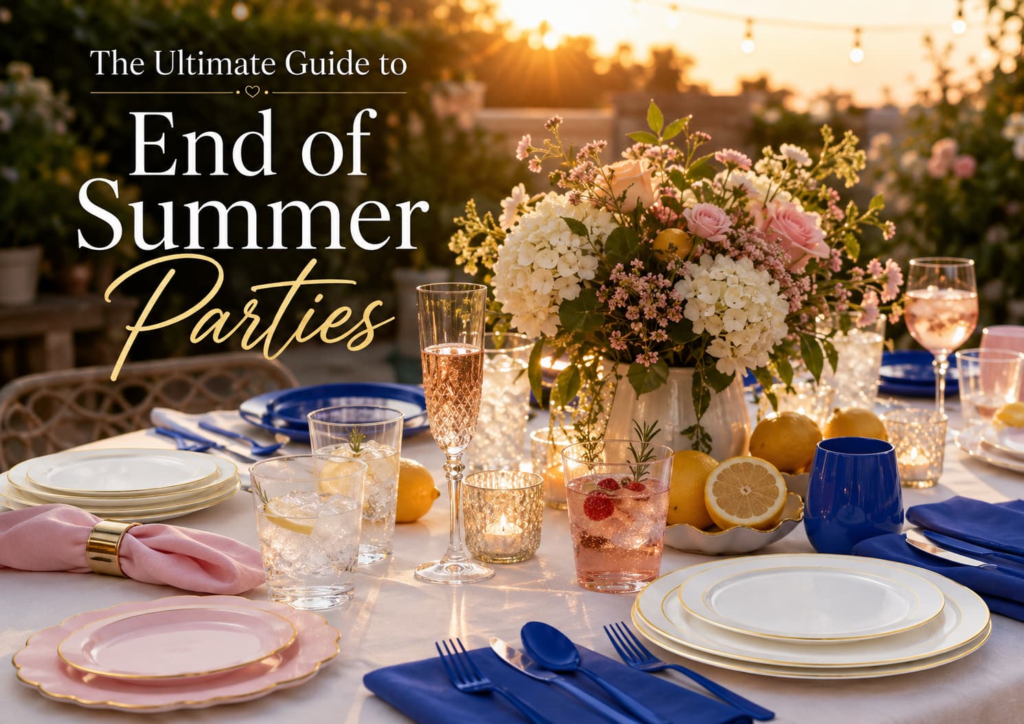 Outdoor end of summer party table setup at sunset with disposable plates drinkware and seasonal decor.