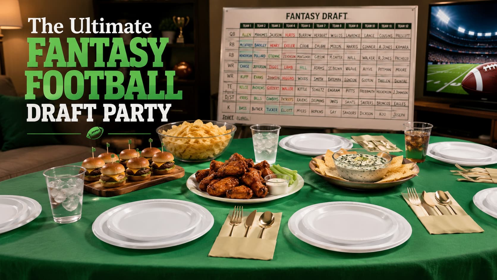 Fantasy football draft party table with disposable tableware snacks and game-day setup.