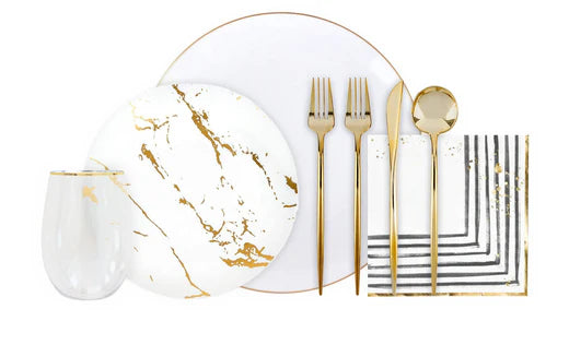 Elegant and cost-effective disposable tableware sets with matching plates, cups, and cutlery, designed for convenience and style.