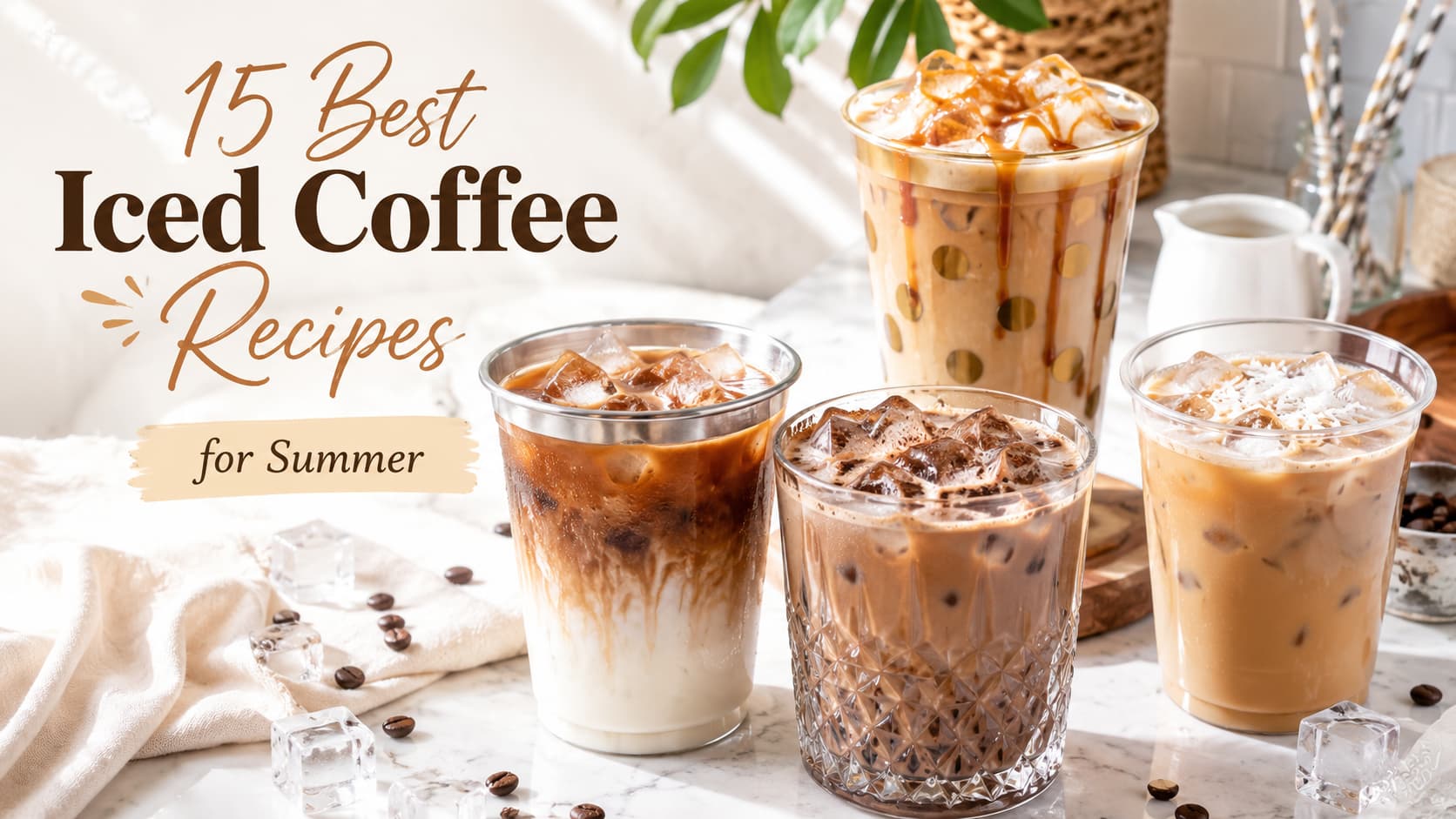 Summer iced coffee drinks in clear disposable cups for a coffee bar setup.