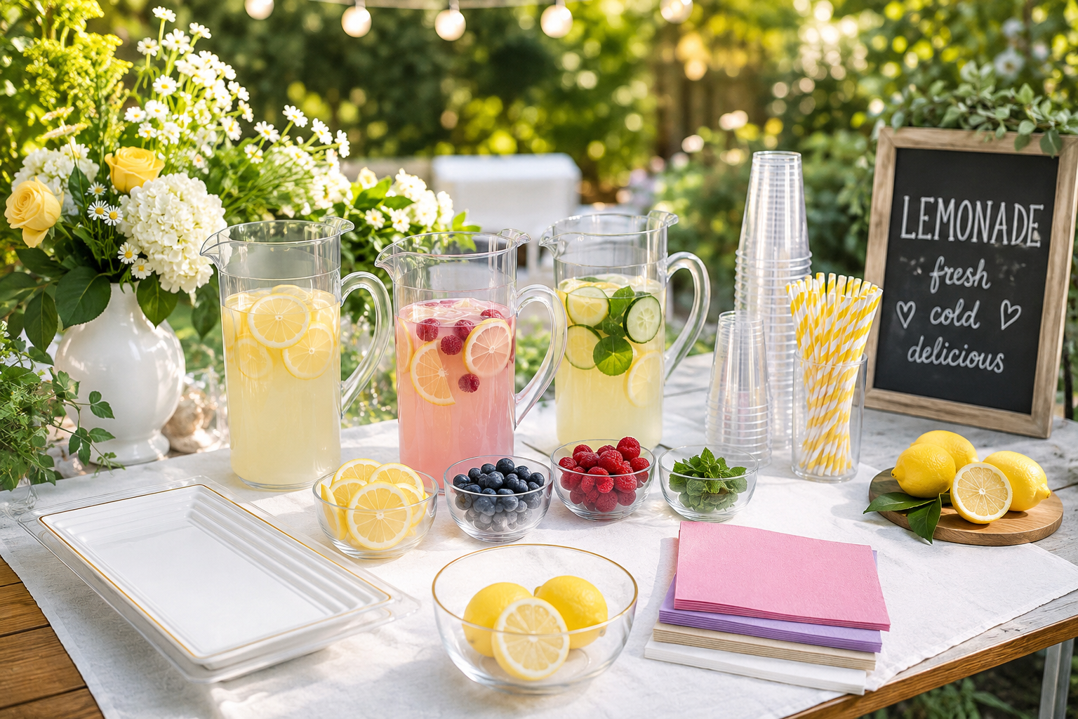 Lemonade party ideas with pitchers plastic tumblers lemons flowers and summer table decor.