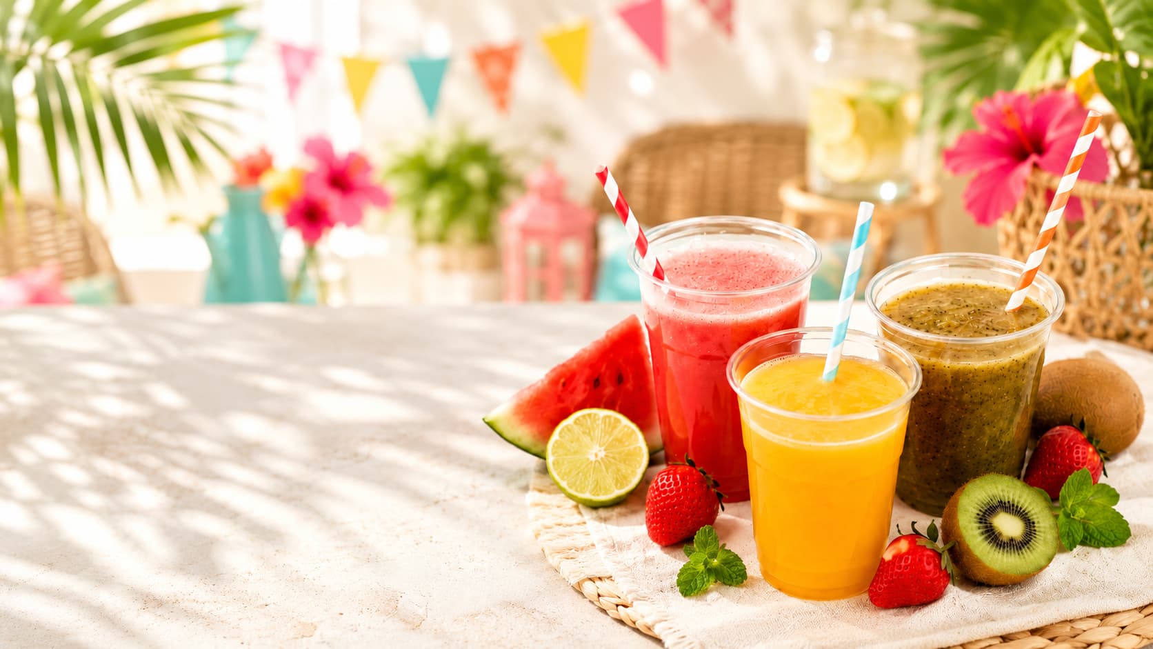 Colorful smoothies served in clear plastic cups with fresh summer fruit at a festive smoothie party setup