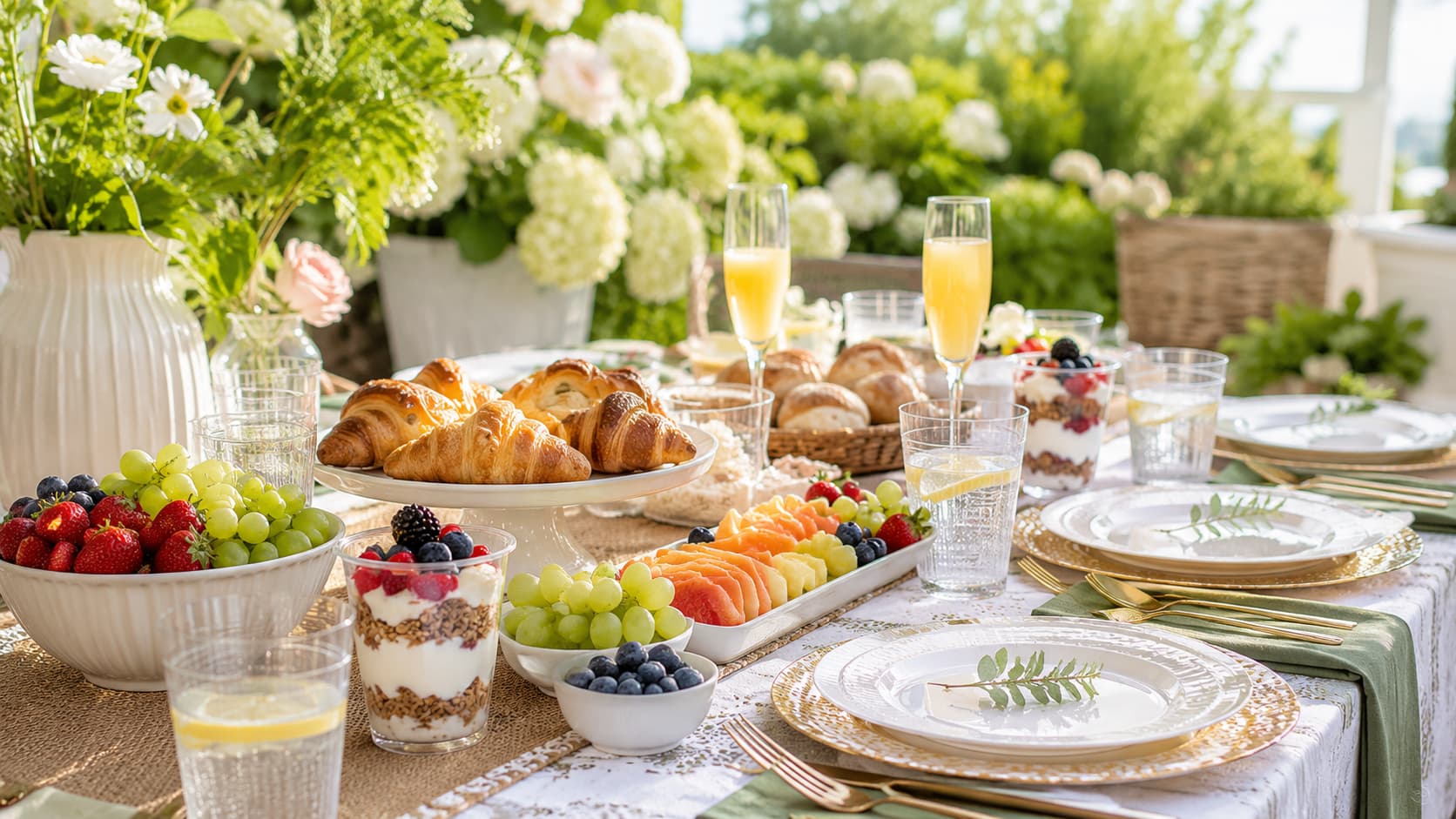 Outdoor summer brunch table with disposable dinnerware, fresh fruit, pastries, and clear drinkware