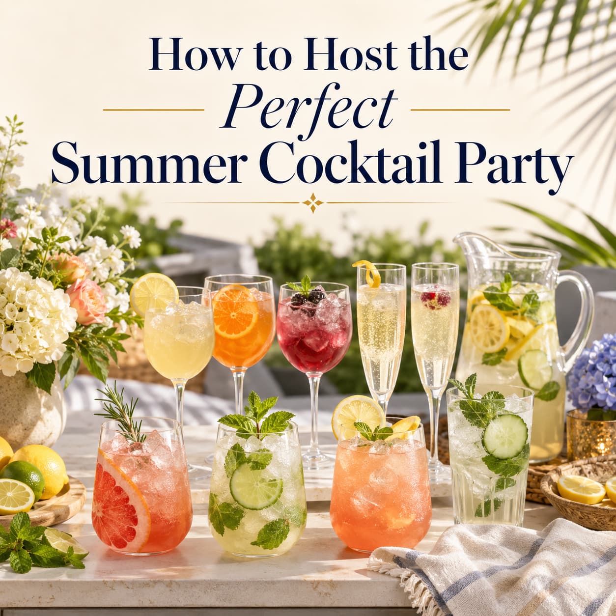 Summer cocktail party setup with disposable plastic drinkware, colorful cocktails, citrus garnishes and outdoor decor