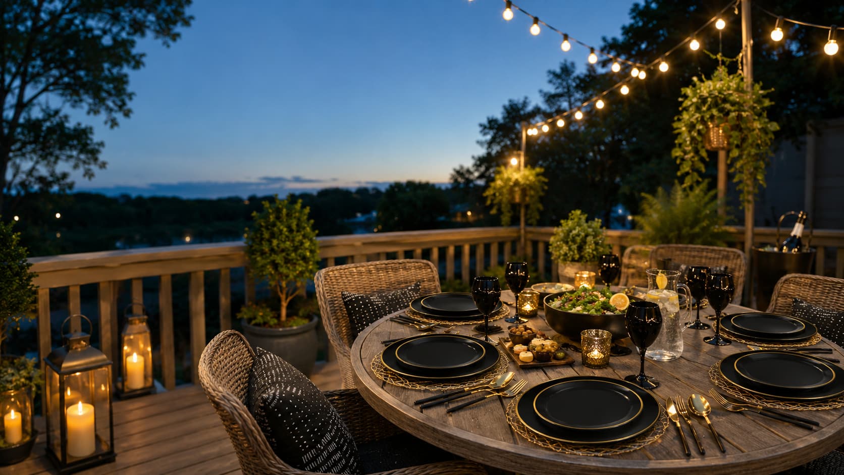 Summer dinner party ideas with an elegant outdoor table setting, string lights, disposable dinnerware, and warm evening patio decor
