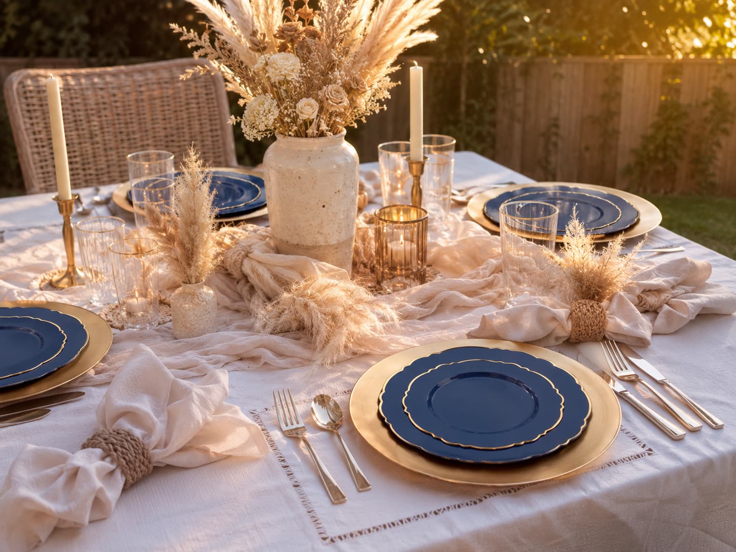 Summer solstice party table with elegant disposable plastic plates and boho backyard decor.