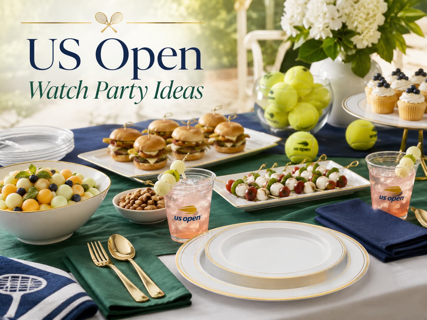 US Open watch party table setting with disposable dinnerware clear tumblers Honey Deuce drinks tennis balls and party snacks.