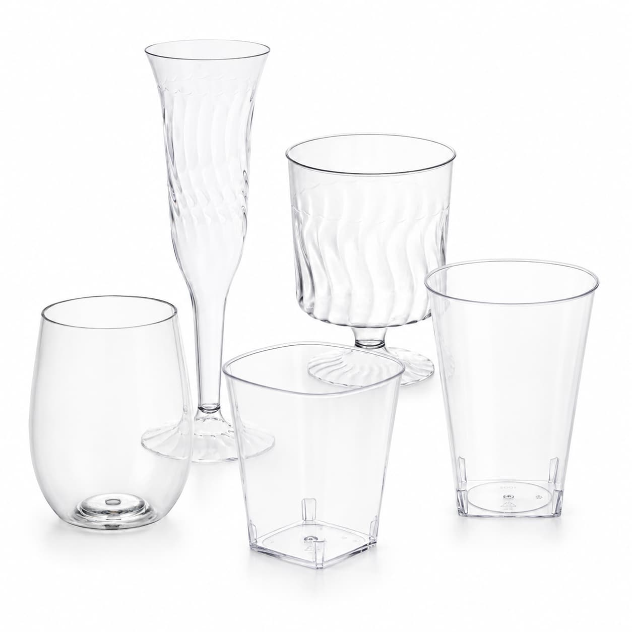 Clear plastic drinkware collection displayed on a white background for commercial use