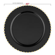 10-inch black disposable plastic dinner plates with a decorative gold pearl string trim