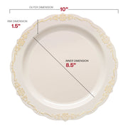 10-inch ivory disposable dinner plates with a decorative gold vintage rim