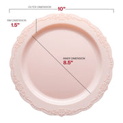 10-inch pink disposable dinner plates with vintage-inspired round design, sturdy plastic construction, and a 120-plate pack.