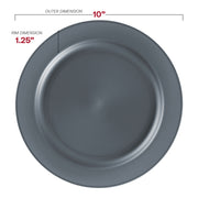 10-inch round charcoal gray plastic dinner plates with a matte finish, durable and disposable